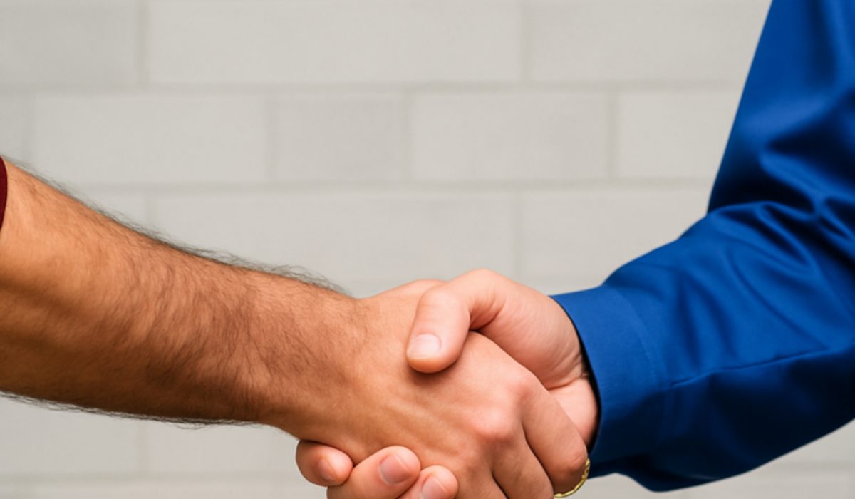 Poignée de main entre un client et un Serrurier Lyon, Saint-Etienne, Givors et Vienne de BMS Service après une intervention réussie